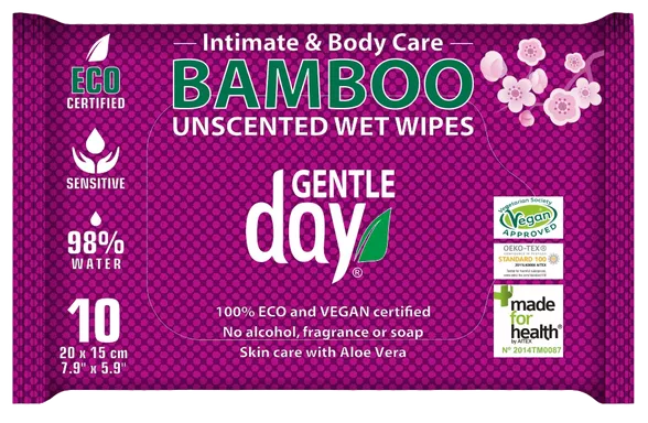 BAMBUSOVÉ UBROUSKY Gentle Day pro intimní hygienu - vlhčené, neparfémované | 10 ks v balení